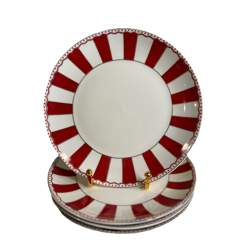 Grace Teaware Red White Stripes‎ Dots Gold accent Trim 8" Salad Plates New